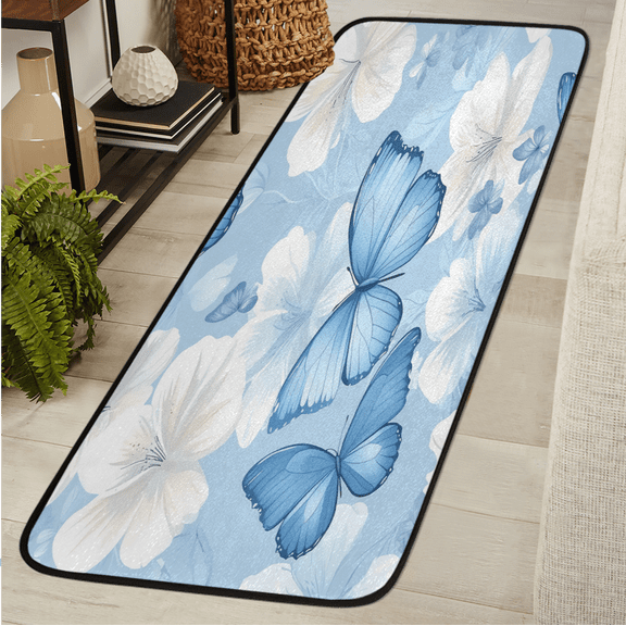 ADECORIVY White Light Blue Hallway Runner Rug 2x6 Washable Kitchen Runner Non Slip Laundry Room Bathroom Rug Flowers Butterflies Soft Carpet for Living Room Entryway Mat