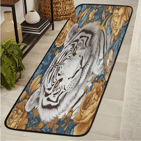 ADECORIVY White Tiger Hallway Runner Rug 2x6 Washable Kitchen Runner Non Slip Laundry Room Bathroom Rug Jungle Animals Floral Soft Carpet for Living Room Entryway Mat