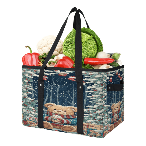 ADECORIVY Winter Bear Reusable Grocery Bags, Foldable Reusable Shopping Bags, Xmas Snows Collapsible Tote Bag with Reinforced Handles for Kitchen, Picnic