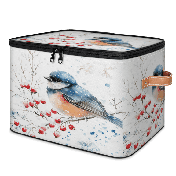 ADECORIVY Winter Birds Berries Storage Bin with Lid, Decorative Storage Boxes Cube for Shelves, Foldable Storage Baskets Closet Clothes Organizer with Handles