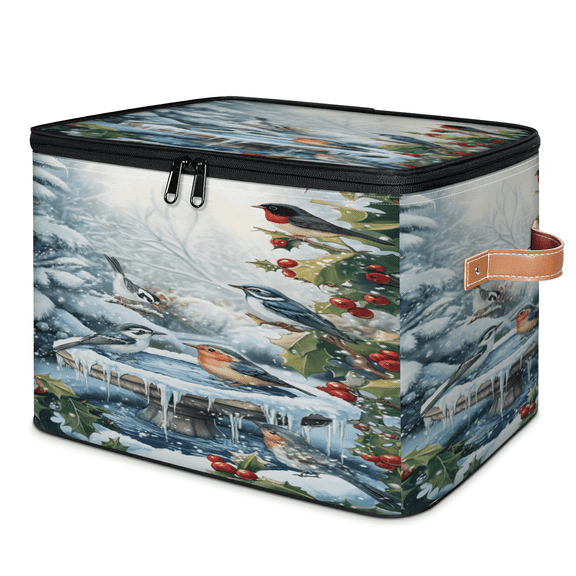ADECORIVY Winter Birds Storage Bin with Lid, Fabric Foldable Shelf Baskets Boxes, Xmas Holly Snow Closet Lidded Storage Bins, Clothes Organizer Container with Handles for Bedroom Home