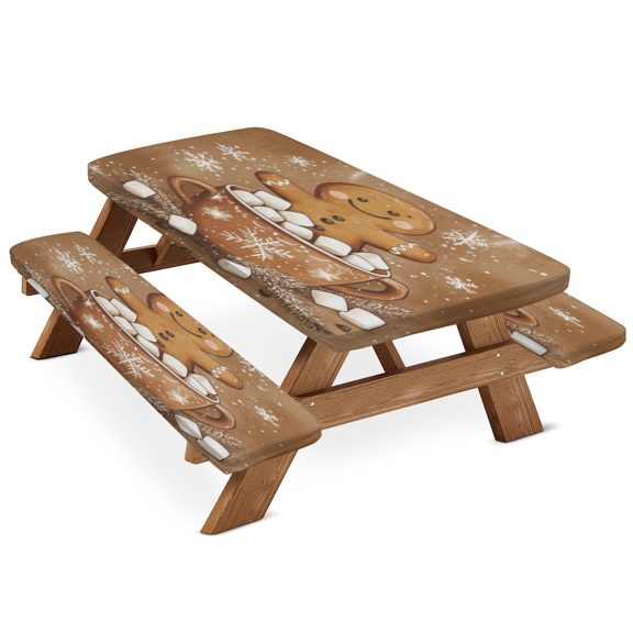 ADECORIVY Winter Christmas Picnic Table Cover with Bench Covers, Waterproof Gingerbread Man Outdoor Camping Tablecloth, Windproof Elastic Fitted Table Cover, 72 Inch 3PCS