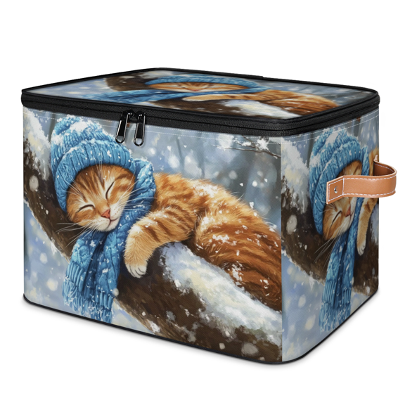 ADECORIVY Winter Cute Cat Tree Storage Bin with Lid, Decorative Storage Boxes Cube for Shelves, Foldable Storage Baskets Closet Clothes Organizer with Handles