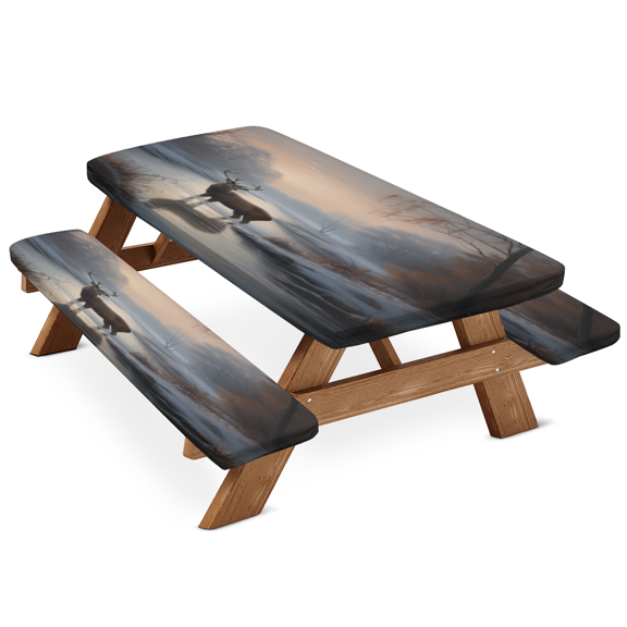 ADECORIVY Winter Deer Forest Tree Picnic Table Cover with Bench Covers, Waterproof Camping Table Cover with Elastic Edges, Fitted Tablecloth Outdoor Essentials 72 Inch