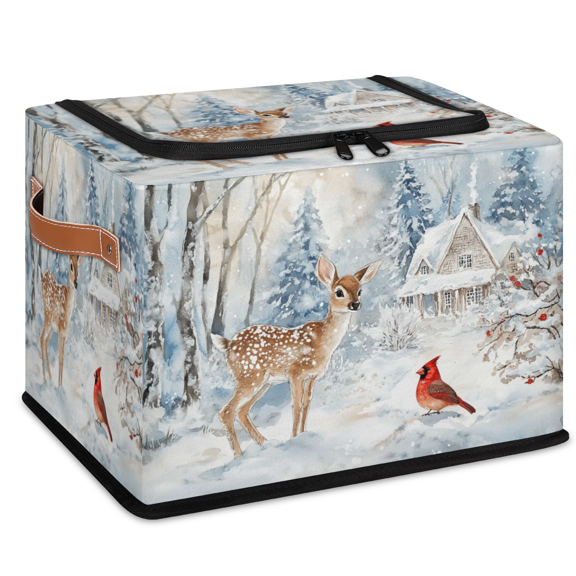 ADECORIVY Winter Deer Red Bird Fabric Storage Bin with Lid, Decorative Closet Shelf Organizers, Farmhouse Snow Foldable Basket Box Clothes Storage Bin with Handles