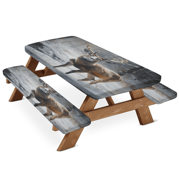 ADECORIVY Winter Deer Snow Tree Picnic Table Cover with Bench Covers, Waterproof Camping Table Cover with Elastic Edges, Fitted Tablecloth Outdoor Essentials 72 Inch