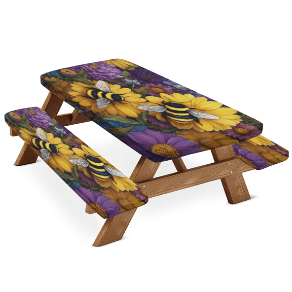 ADECORIVY Yellow Bee Flower Bumblebees Picnic Table Cover with Bench Covers, Waterproof Camping Table Cover with Elastic Edges, Fitted Tablecloth Outdoor Essentials 72 Inch