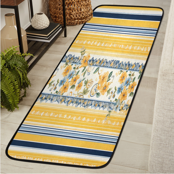 ADECORIVY Yellow Blue Flower Stripes Runner Rug 2x6 Washable Runner for Hallway Non-Slip Kitchen Rug Runners Soft Entryway Floor Carpet for Hall Living Room Bedroom