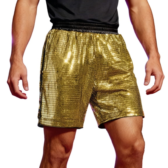ADEYPCGD Men's Fashionable Casual Glitter Shorts For Stage Performance Party And Club Wear Trunks Gold L