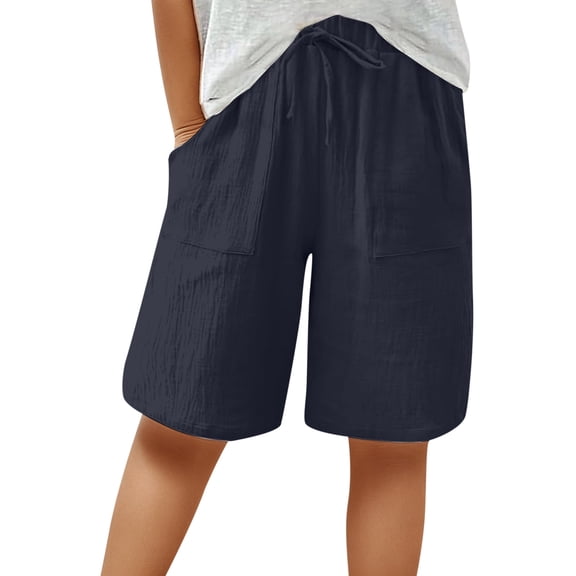 ADEYPCGD Men's High Waisted Wide Leg Linen Shorts Casual Summer Beach Knee Length Pant Navy XXXL