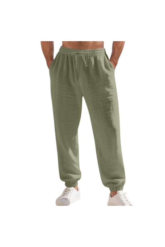 Men's Linen Casual Trousers with Elastic Ankle for Comfortable Daily Wear in Warm Seasons Green XXL