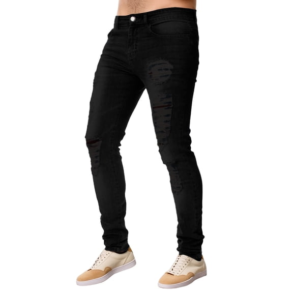 ADEYPCGD Men's Slim Fit Stretch Denim Jeans With Distressed Knee And Tapered Casual Leg Design Black M