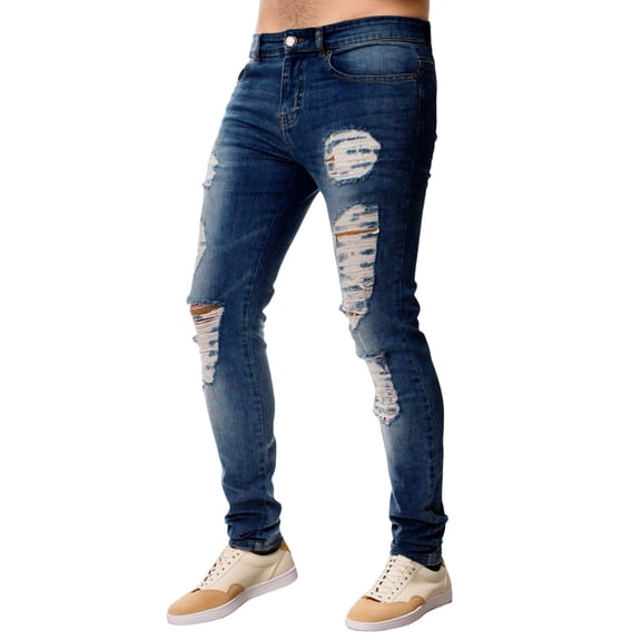 ADEYPCGD Men's Slim Fit Stretch Denim Jeans With Distressed Knee And Tapered Casual Leg Design Dark Blue S