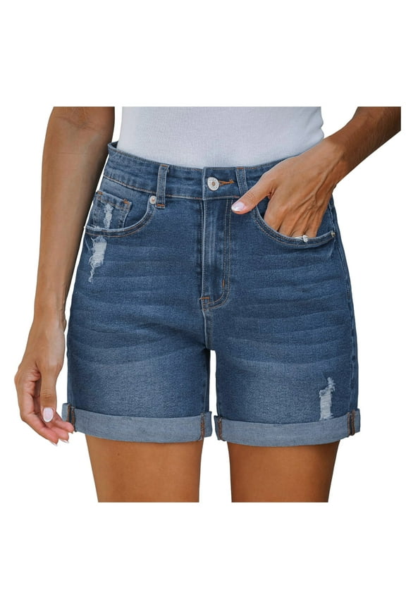 Women's Jeans Shorts Stretchy High Waisted Distressed Denim Cut Off Pockets Blue M