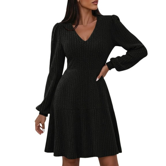 ADEYPCGD Women's Long Sleeve Sweater Dress with Flared Hem and Fitted for Autumn Season in Women's Casual Dress Category Black S