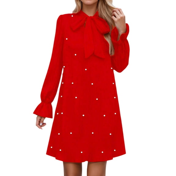 ADEYPCGD Women's Pearl Embellished Bow Neck Flare Sleeve Mini Dress - Women's Festive Party Dress Red L