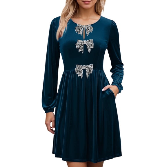 ADEYPCGD Womens Velvet Dress Fall Winter Long Sleeve Bowknot High Waisted A Line Cocktail Dresses for Wedding Guest Blue XXL