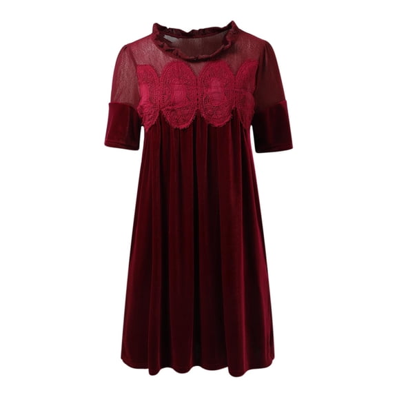 ADEYPCGD Womens Velvet Lace A-Line Overall Casual Pleated Swing Wedding Skirtall Scallop Neck Flared Mini Dress M