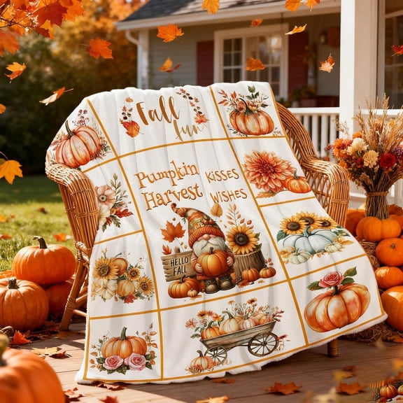 ADHART Thanksgiving Pumpkin Gnome Throw Blanket, 50"x60" Orange White Autumn Harvest Suflower Flannel Blankets and Throws for Couch, Fall Themed Farmhouse Home Decor Gifts