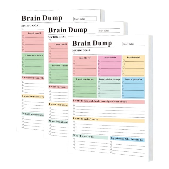 ADHD Brain Dump Planner Notepad, 3 Pack, 8.27" x 5.8" , 50 Tear-Off Sheets, Multi-Section Daily Organizer for Work and Personal To-Do Lists
