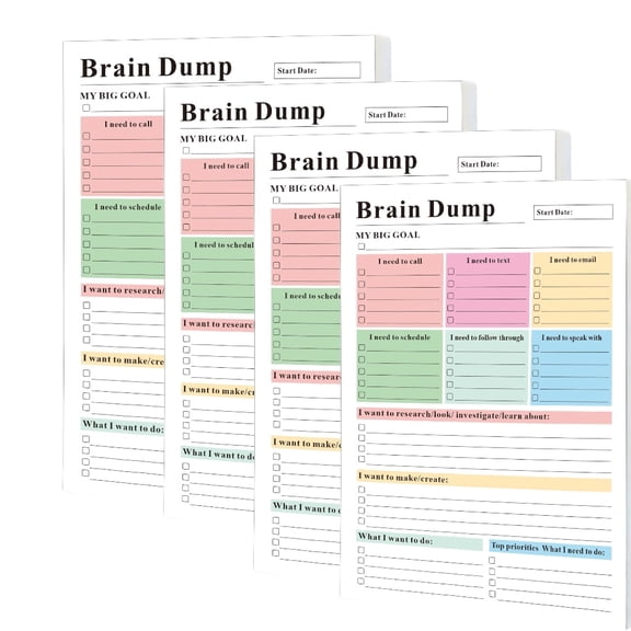 ADHD Brain Dump Planner Notepad, 4 Pack, 8.5 x 6.5 Inch, 50 Tear-Off Sheets, Multi-Section Daily Organizer for Work and Personal To-Do Lists
