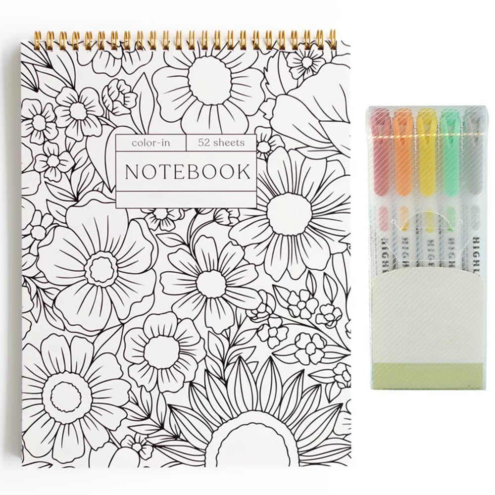 ADHD Cleaning Plan Schedule Color-In Spiral Notebook \u0026 Daily Planner, Flowers Meeting Notes \u0026 Daily Planners Color-in Notebook, Floral Design Journal with Highlighter Pens, Undated Day Planner