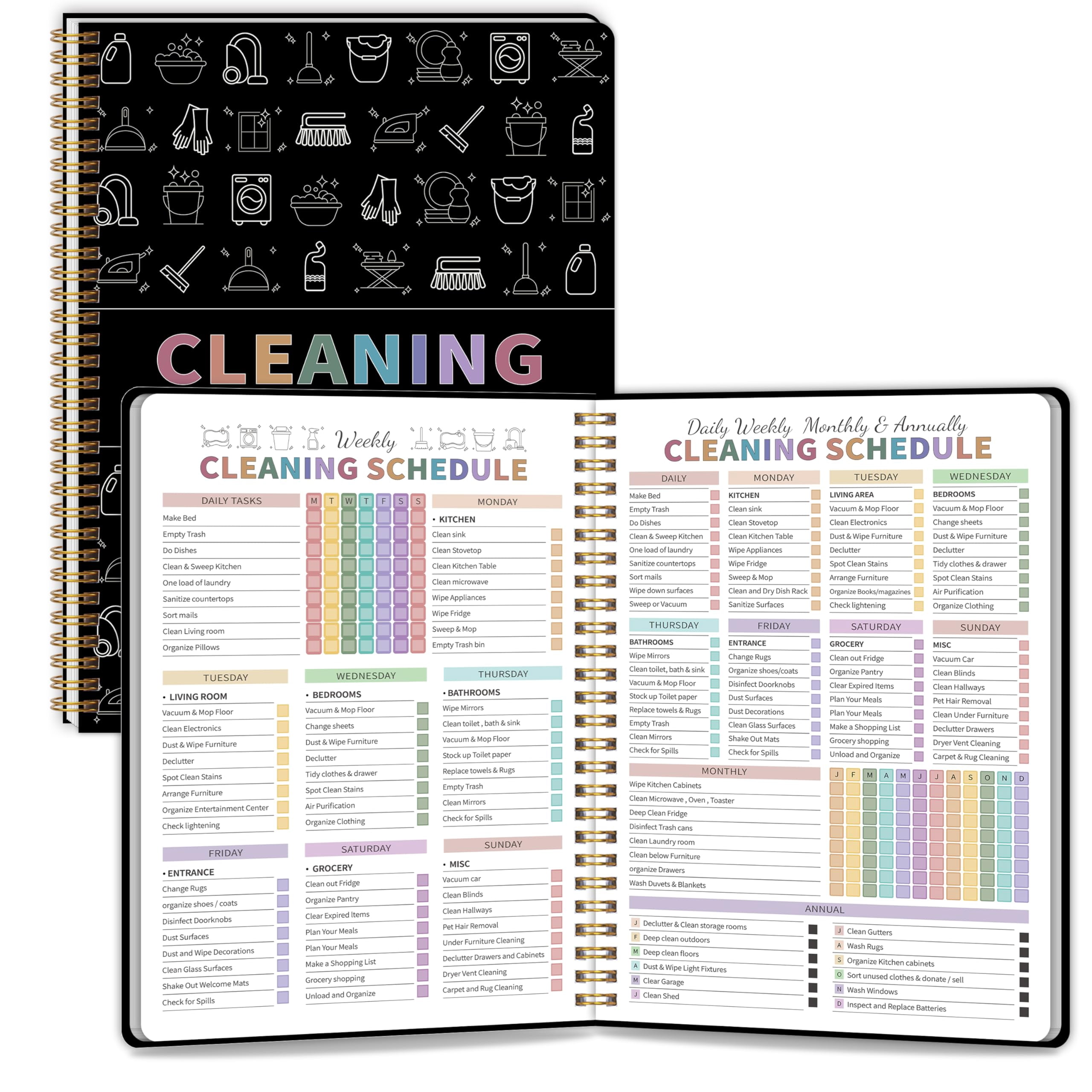 ADHD Cleaning Planner for Adults, Daily Weekly Monthly Organizer, Household Cleaning Schedule Notebook with Checklists, Deep Cleaning Templates, Family Chore Chart, Black