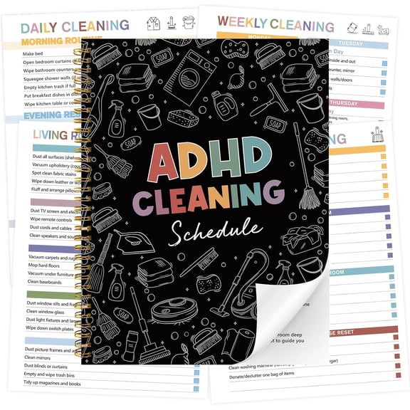 Reusable ADHD Cleaning Planner for Adults Teens, ADHD Daily Cleaning Schedule Checklist Plan Household Cleaning Planner Daily Weekly Monthly Checklist for Home, Family Cleaning Tasks(Black)