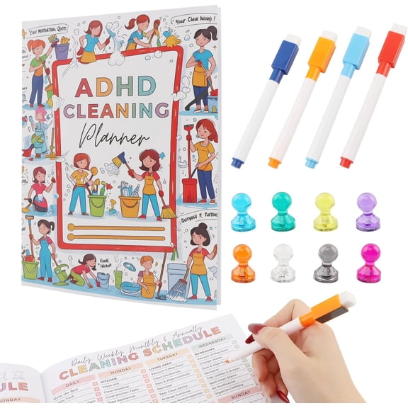ADHD Cleaning Planner, Reusable Deep Clean Checklists, Gentle Daily & Weekly Cleaning System for Adults Women Tidy Minds ADHD Planner Bundle Waterproof PVC Cover (A)
