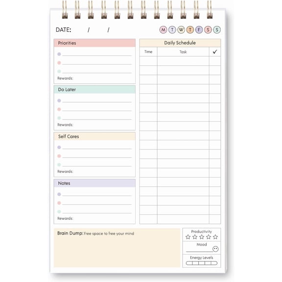 ADHD Daily Planner for Neurodivergent Adults, 60 Sheets Undated Productivity Planner with Brain Dump & Self Care, 7"10" Notepad to Stay Organized and Focused