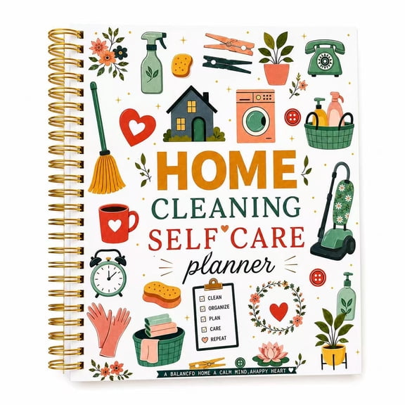 Home Cleaning Self Care Planner, 8 x 9.5 Inch Spiral Home Management Planner with Daily Cleaning Schedule, Household Organizer, Chore Checklist, Routine Tracker & Wellness Journal for Women