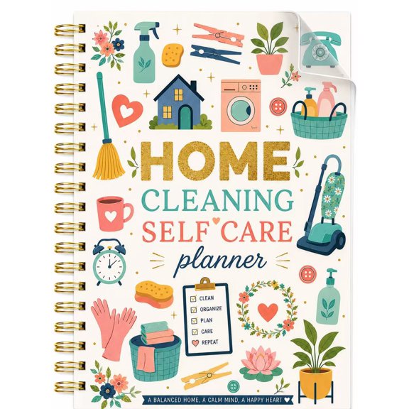 Home Cleaning Self Care Planner, 8 x 9.5 Inch Spiral Home Management Planner with Daily Cleaning Schedule, Household Organizer, Chore Checklist, Routine Tracker & Wellness Journal for Women