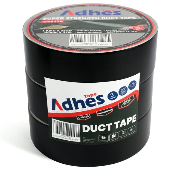 ADHES Black Duct Tape, 3 Rolls, 1.88 in x 35 yd, Heavy Duty, Waterproof, High-Strength, for Repairs, DIY, Industrial