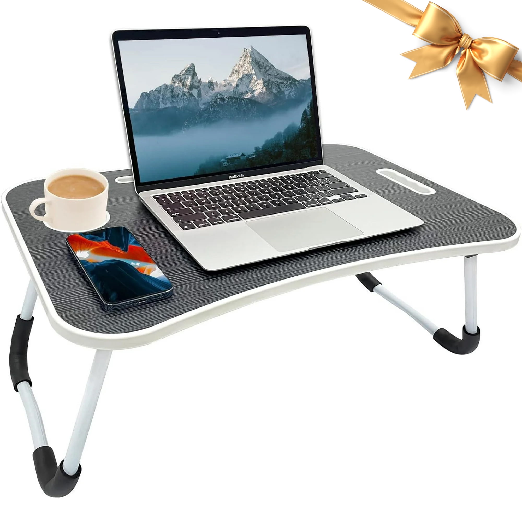 ADHINO 23.6 Inch Portable Folding Lap Desk Wood Black Laptop Bed Desk with Cup Holder Walmart