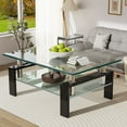 thumbnail image 1 of ADHINO Simple Clear Glass Coffee Table with Black Metal Legs and Lower Shelf for Living Room, 39.37"x23.62"x23.62", 1 of 9