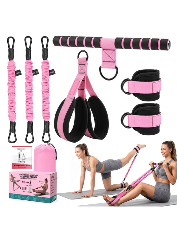 Upgraded Multifunction Pedal Resistance Band with Handle, 3-Tube Adjustable Resistance Bands for Abdomen, Waist, Arm, Core, Leg Workout - Sit Up Exercise Equipment for Women