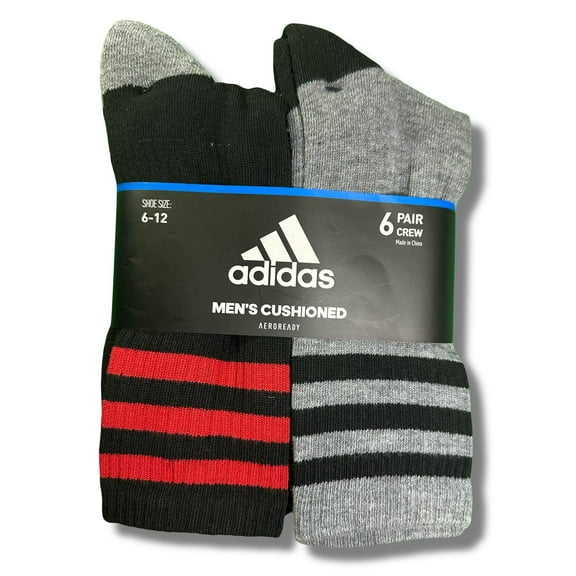 Adidas SOCKS MEN'S - CREW CUT 253 - BLACK GREY STRIPS - LARGE (6-12) - PACK 6