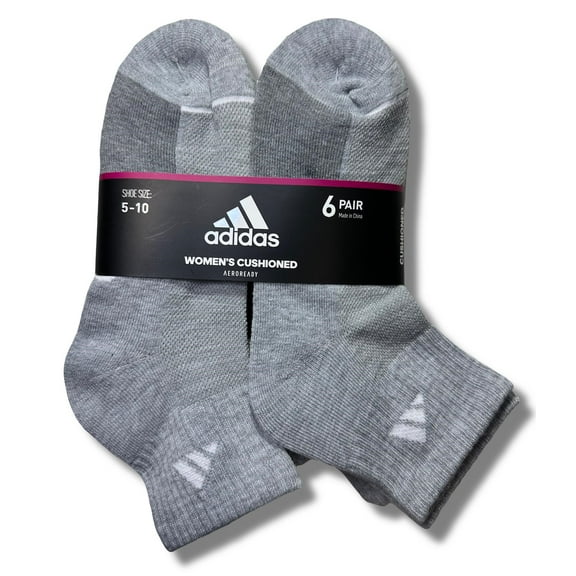 ADIDAS SOCKS WOMEN'S - QUARTER CUT - 243 GRAY CUSHIONED - SHOE SZ 5-10 PACK 6