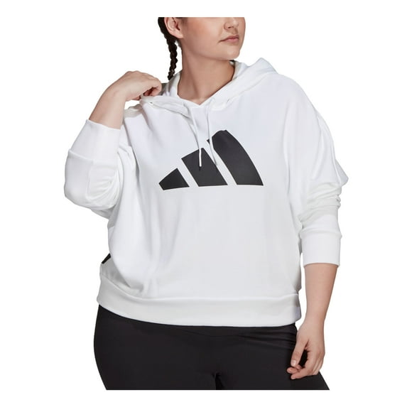 ADIDAS Womens White Ribbed Drawstring Logo Graphic Long Sleeve Hoodie Top Plus 4X