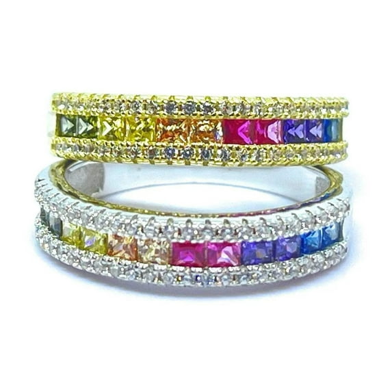 ADIRFINE 925 Sterling Silver Colored Princess Cut Rainbow Cubic Zirconia Ring