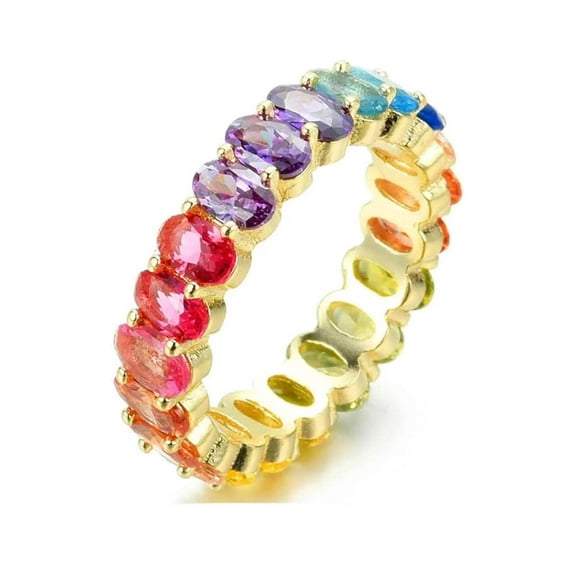ADIRFINE 925 Sterling Silver Multi Color Oval Cubic Zirconia Eternity Band Ring
