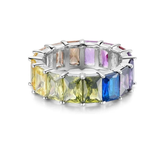 ADIRFINE 925 Sterling Silver Multi Colored Emerald Cut CZ Eternity Band Ring