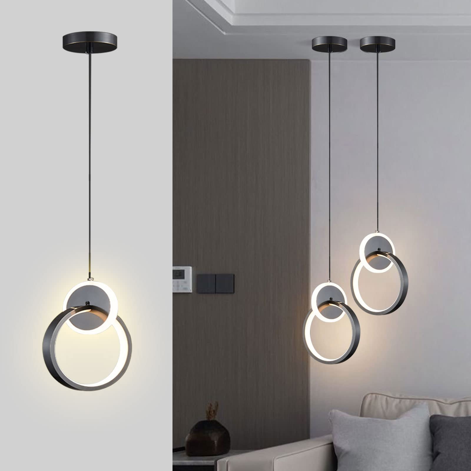 ADISUN Modern Led Pendant Lights Round Island Light Fixture Adjustable Rope Hanging Lamps for Living Room Dining Room Bar Bedroom Pendant Lamp Warm WhiteBlack