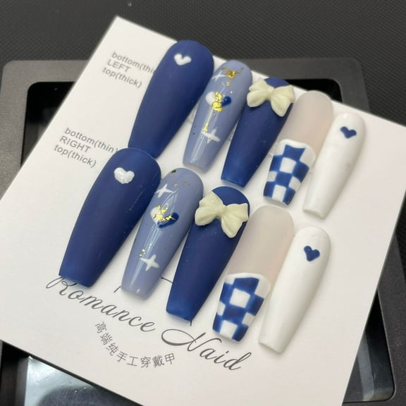 ADITYSHOP - Handmade Blue Checkered Nail Elegance Press-On Nails Extra Small, Kit included