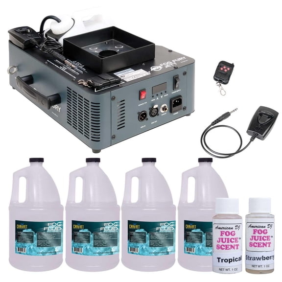 ADJ Fog Fury Jett High Velocity RGBA LED Vertical Fog Machine with Variety Fog Juice Package