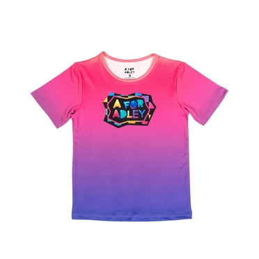 A FOR ADLEY Official Merch Presents a Custom Design Neon Checkered Logo Tee, a Soft Must Have Tee for Her Fans (US, Numeric, 6, Regular, Pink and Purple Gradient)