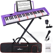 ADM 61 Key Keyboard Piano, Complete Electronic Piano Keyboard Set for Beginners Adults, Portable Music Keyboard with Lighted Keys, Teaching Modes, Stand, Case, Microphone Purple