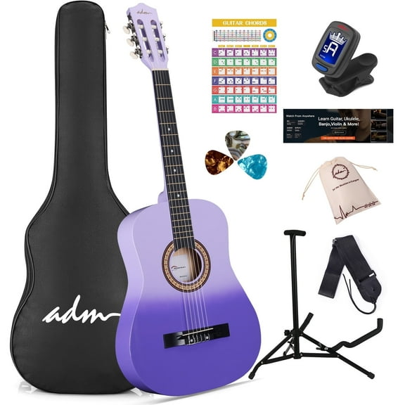 ADM Acoustic Guitar for Adults & Kids, 38" Travel Guitar Kit (Purple)