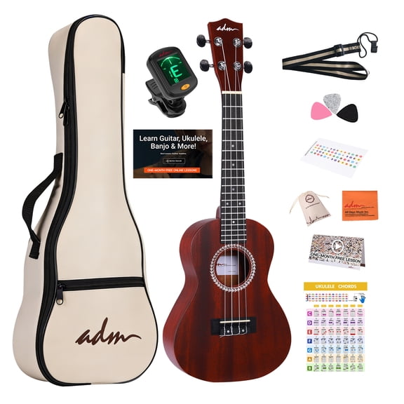 ADM Concert Ukulele 23'' Mahogany Hawaiian Ukulele Kit for Beginner Kid Adult with Free Lessons, Red
