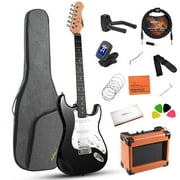 ADM Electric Guitar Solid-Wood Body 39 Beginner Guitar Kit with Amplifier, Bag, Strap, String, Tuner, Cable, Picks and Free Lesson, Black